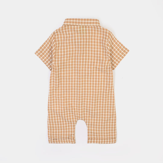 Infant Boys Yarn Dyed Woven Romper-Bear Hug-BROWN