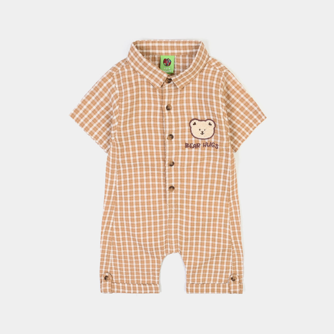 Infant Boys Yarn Dyed Woven Romper-Bear Hug-BROWN