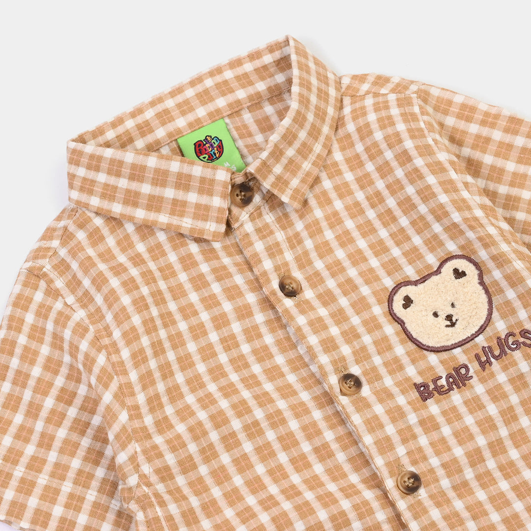 Infant Boys Yarn Dyed Woven Romper-Bear Hug-BROWN