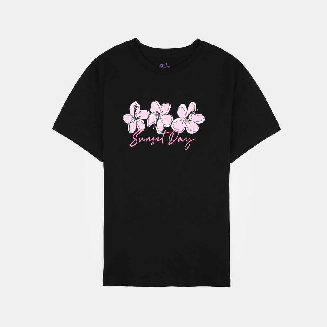 Girls Cotton Jersey T-Shirt H/S SUNSET DAY-BLACK