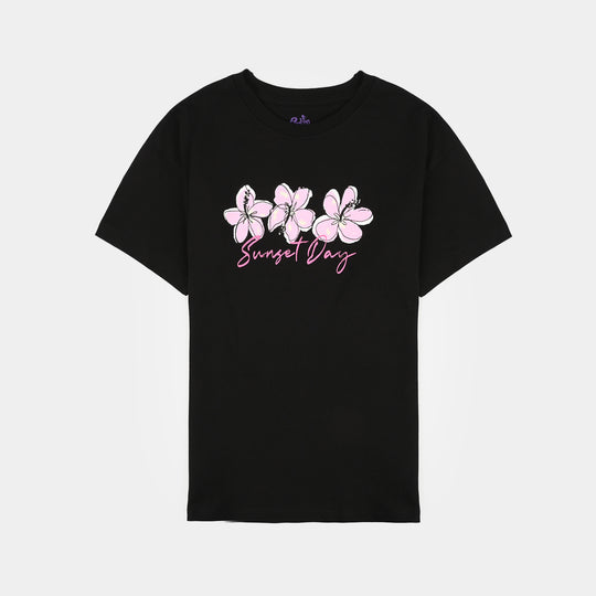 Girls Cotton Jersey T-Shirt H/S SUNSET DAY-BLACK