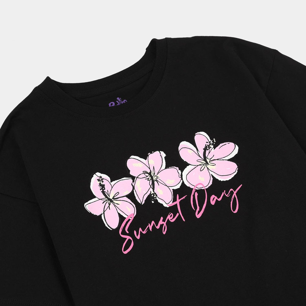 Girls Cotton Jersey T-Shirt H/S SUNSET DAY-BLACK