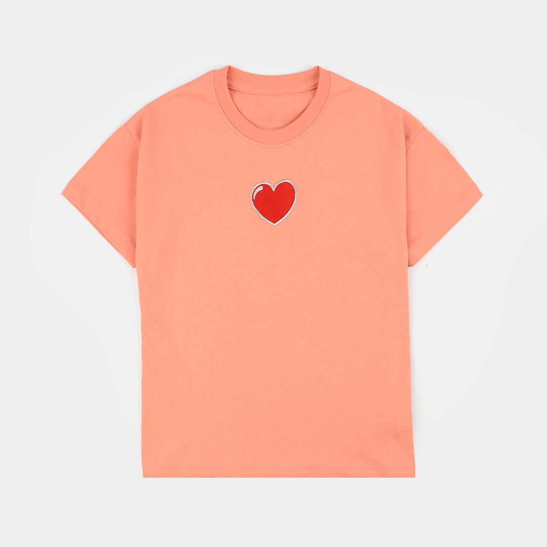 Teens Girls Cotton Jersey T-Shirt H/S Hearts-ORANGE