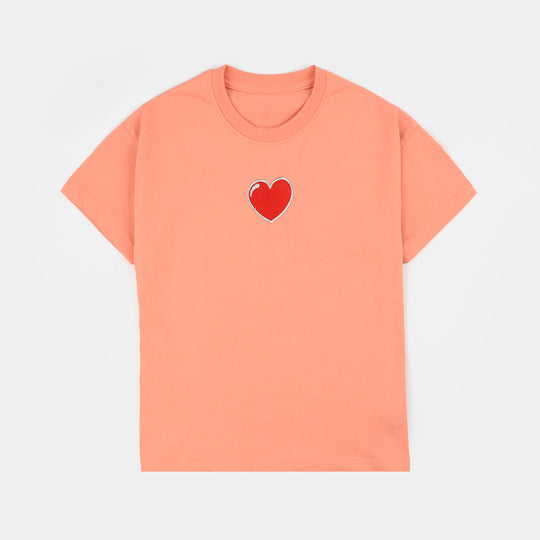 Teens Girls Cotton Jersey T-Shirt H/S Hearts-ORANGE