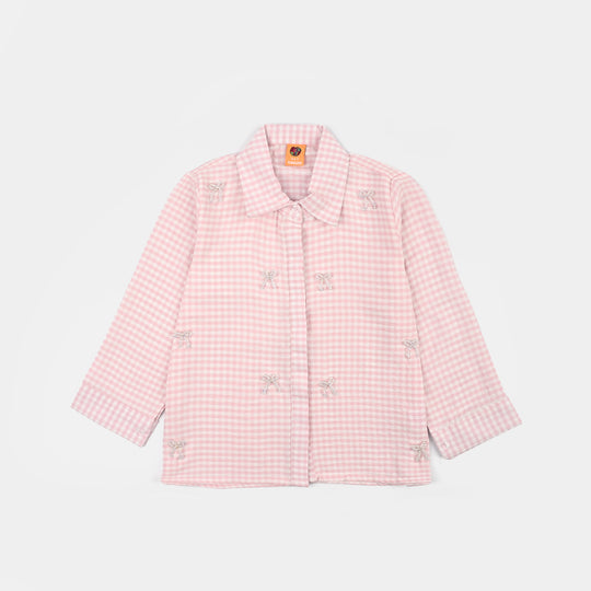 Girls Poly Cotton Top Checks and Bows-Pink