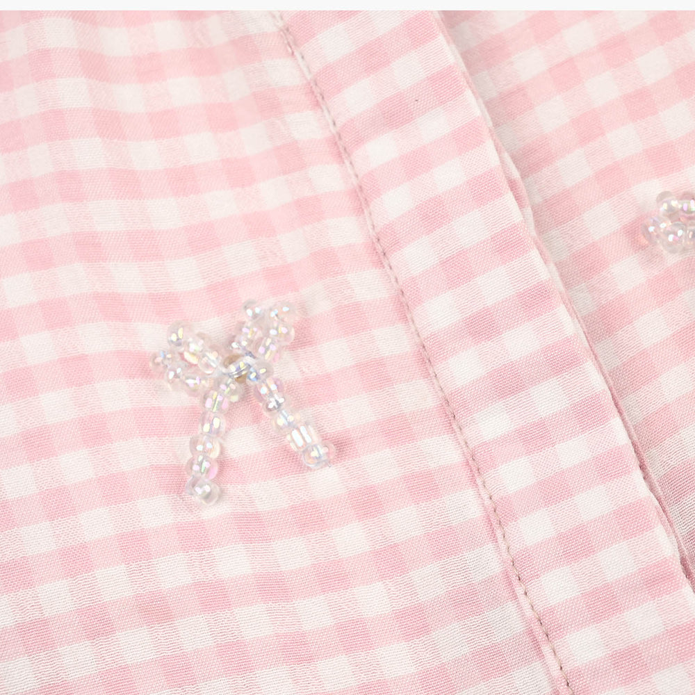 Girls Poly Cotton Top Checks and Bows-Pink