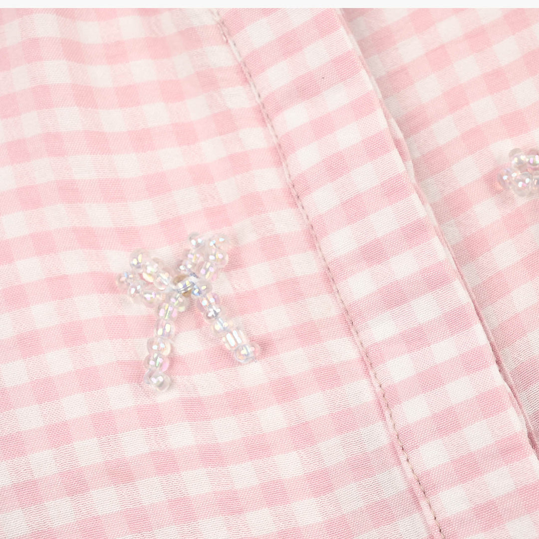 Girls Poly Cotton Top Checks and Bows-Pink