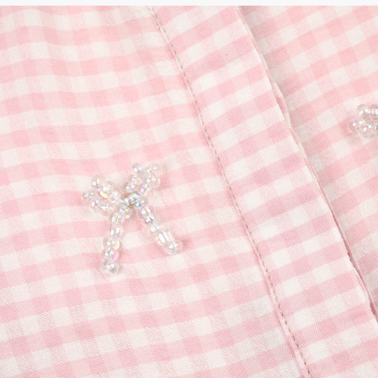 Girls Poly Cotton Top Checks and Bows-Pink