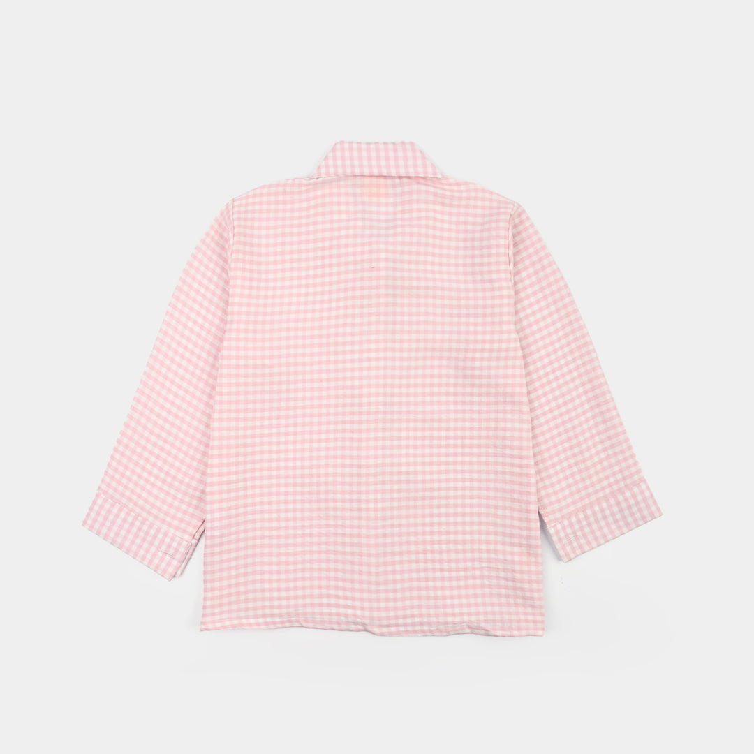 Girls Poly Cotton Top Checks and Bows-Pink