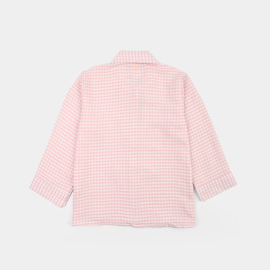 Girls Poly Cotton Top Checks and Bows-Pink