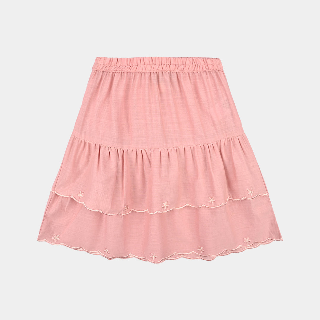 Girls Cotton Emb Short Skirt Candy- Pink