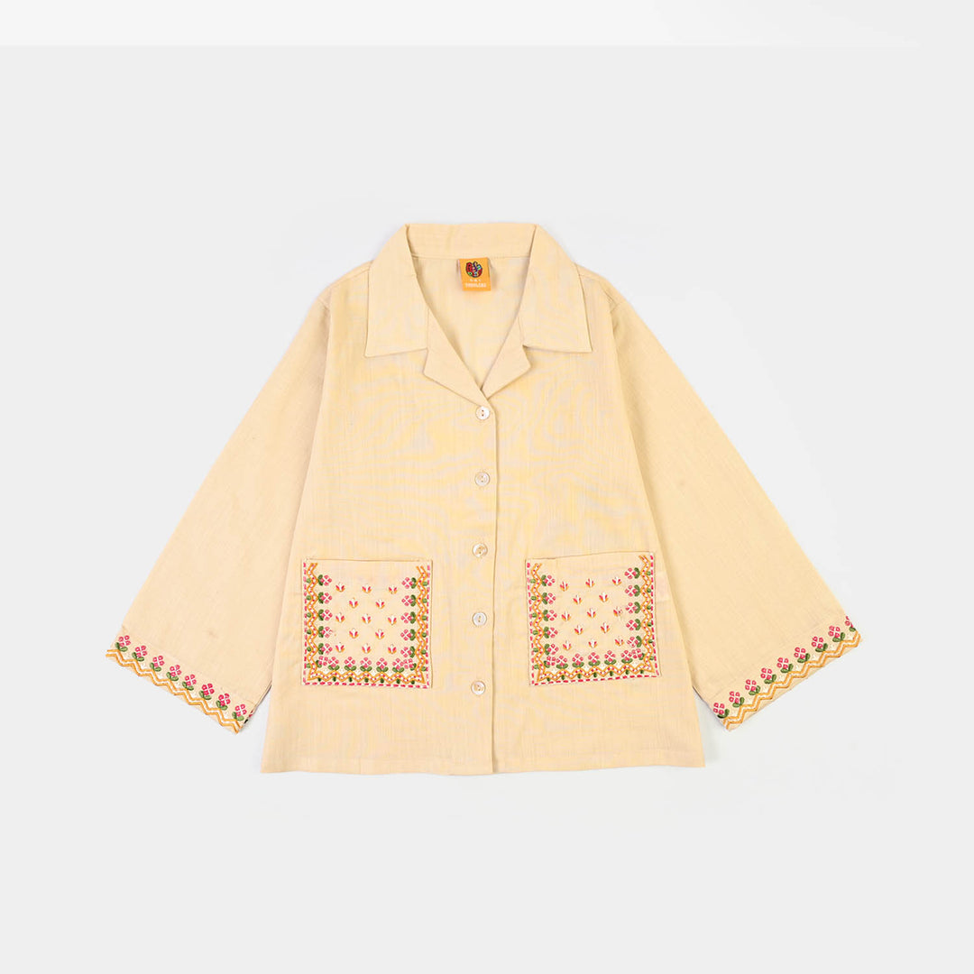 Girls Cotton Embroidered Top Floral Pockets-BEIGE