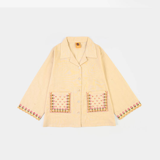 Girls Cotton Embroidered Top Floral Pockets-BEIGE