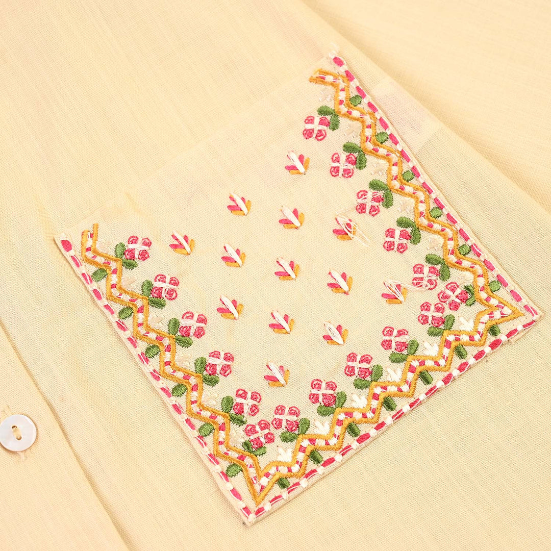 Girls Cotton Embroidered Top Floral Pockets-BEIGE
