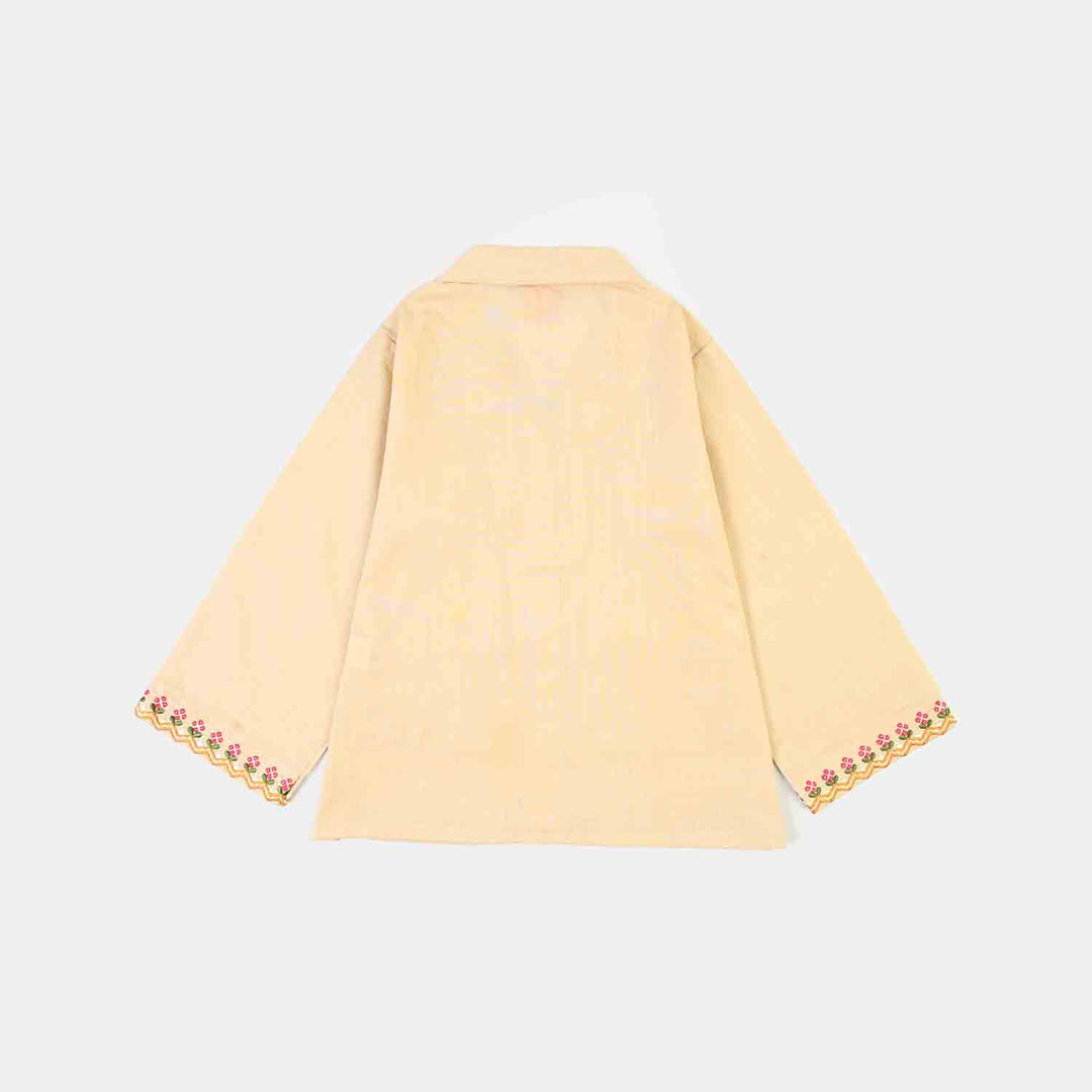Girls Cotton Embroidered Top Floral Pockets-BEIGE