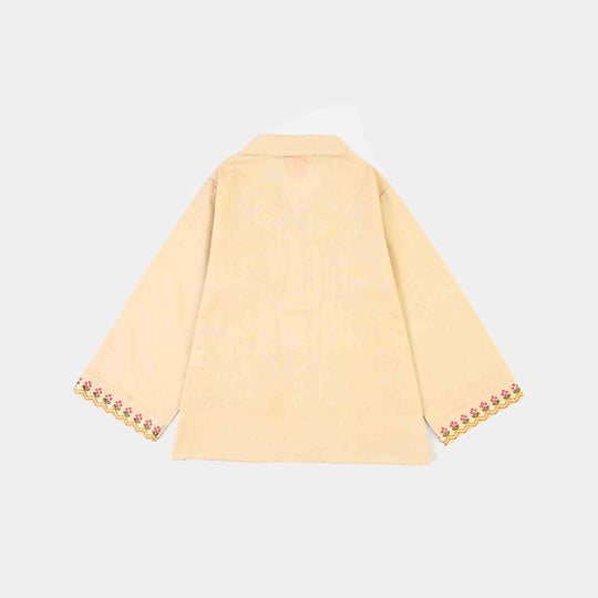 Girls Cotton Embroidered Top Floral Pockets-BEIGE