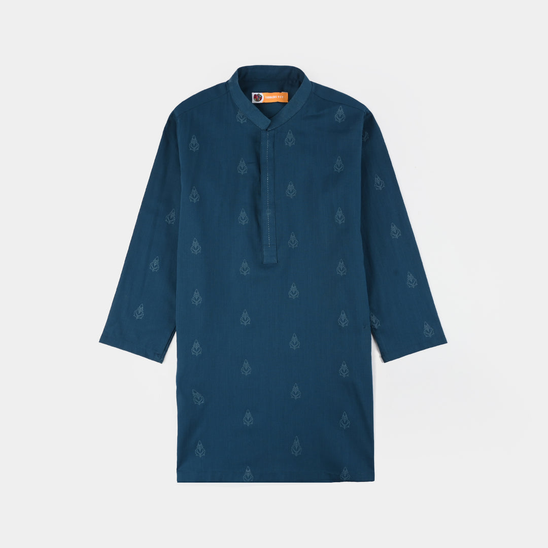 Boys Cotton Slub Printed Kurta (Blue Opal)-Blue