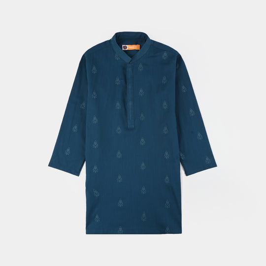 Boys Cotton Slub Printed Kurta (Blue Opal)-Blue