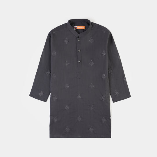Boys Cotton Slub EMB Kurta (Charcoal)