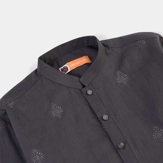 Boys Cotton Slub EMB Kurta (Charcoal)