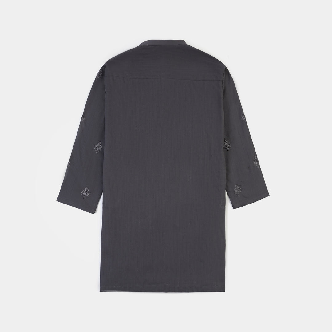 Boys Cotton Slub EMB Kurta (Charcoal)