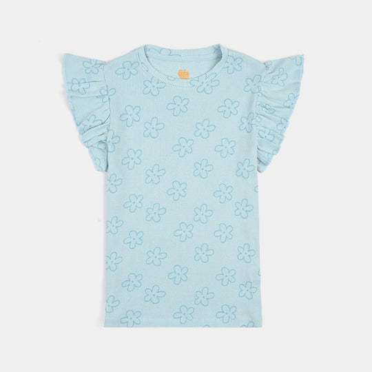 Girls Cotton Baby Rib 2 Piece Suit Flowers-Blue