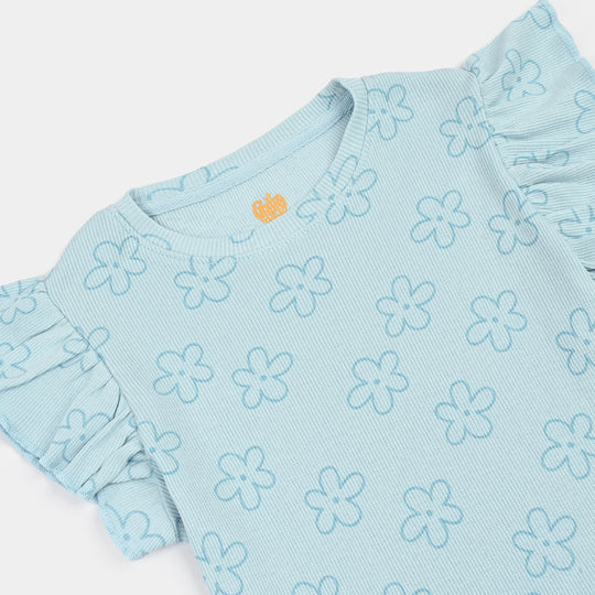 Girls Cotton Baby Rib 2 Piece Suit Flowers-Blue