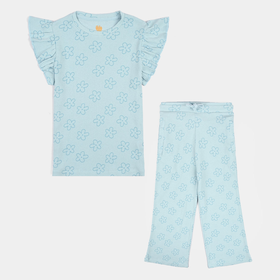 Girls Cotton Baby Rib 2 Piece Suit Flowers-Blue