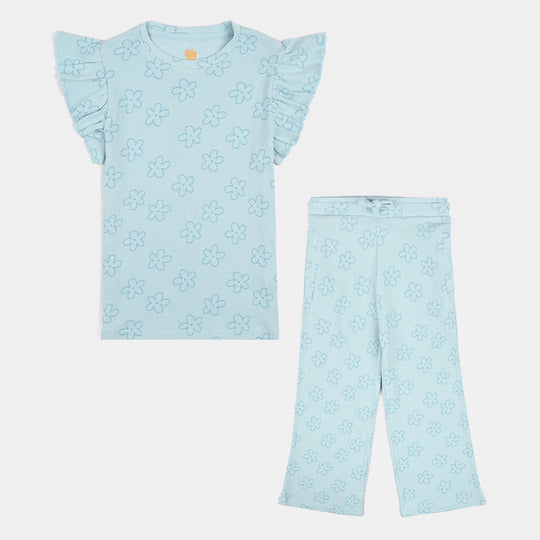 Girls Cotton Baby Rib 2 Piece Suit Flowers-Blue