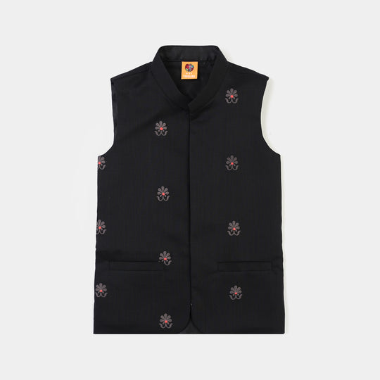 Boys Cotton Slub 3Piece Suit (Black Puff)