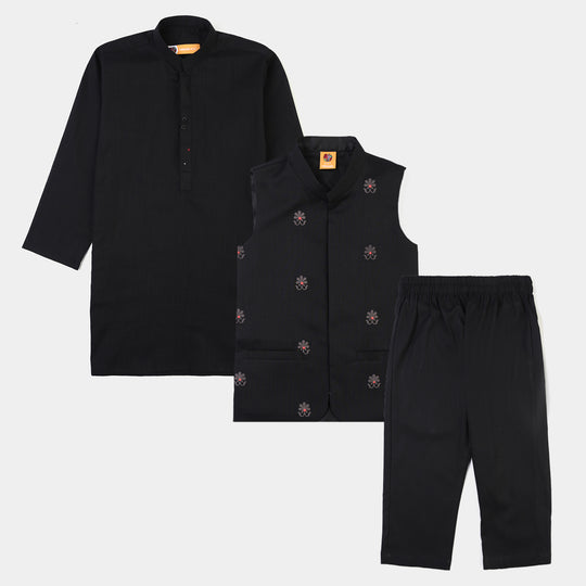 Boys Cotton Slub 3Piece Suit (Black Puff)