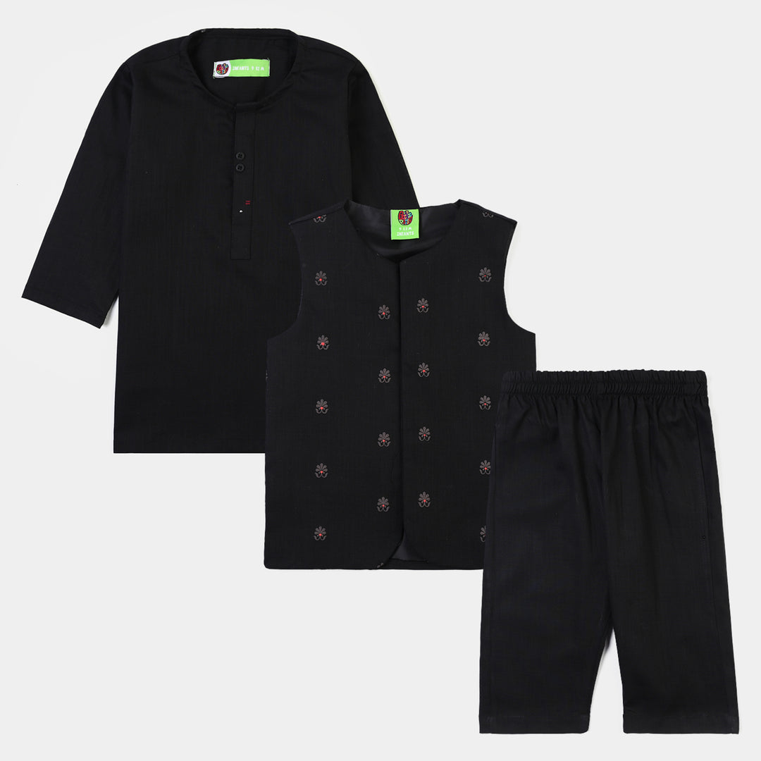 Infant Boys Cotton Slub 3Piece Suit (Black Puff)