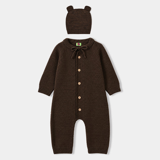 Infant Boys Acrylic Romper With Cap Bear-BROWN