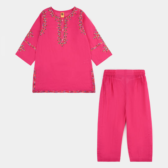 Girls Cotton Emb 2Pcs Naaz- Bright Pink