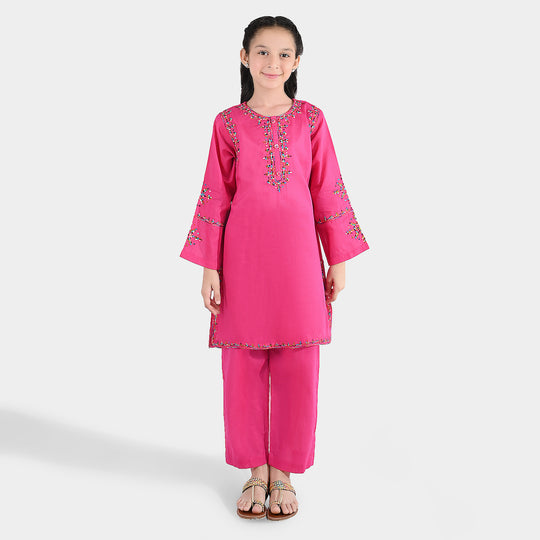 Girls Cotton Emb 2Pcs Naaz- Bright Pink