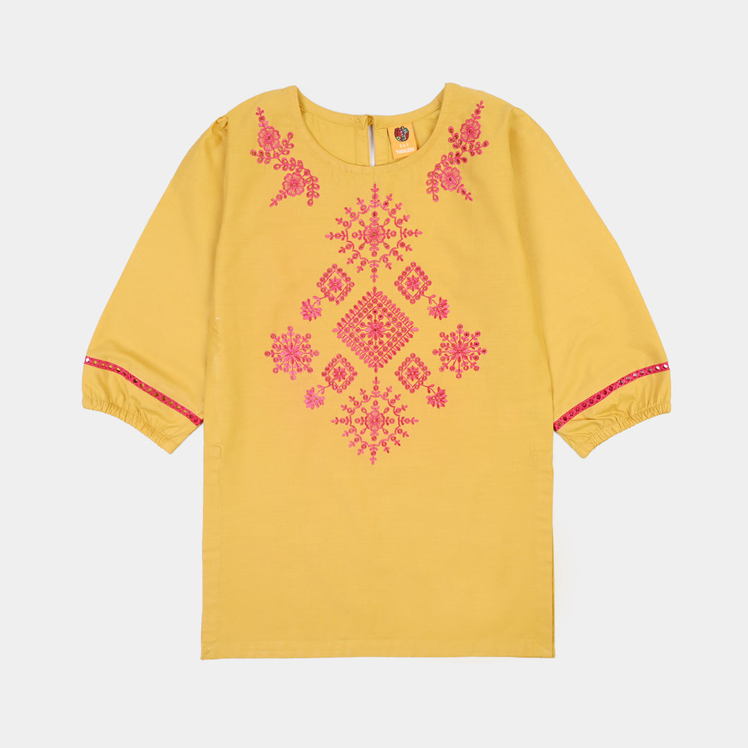Girls Cotton Emb Kurti Nagma-Mustard