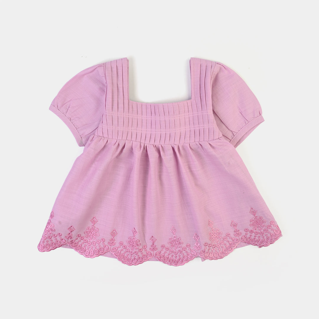 Infant Girls Cotton Slub Emb Top Smocking- Orchid