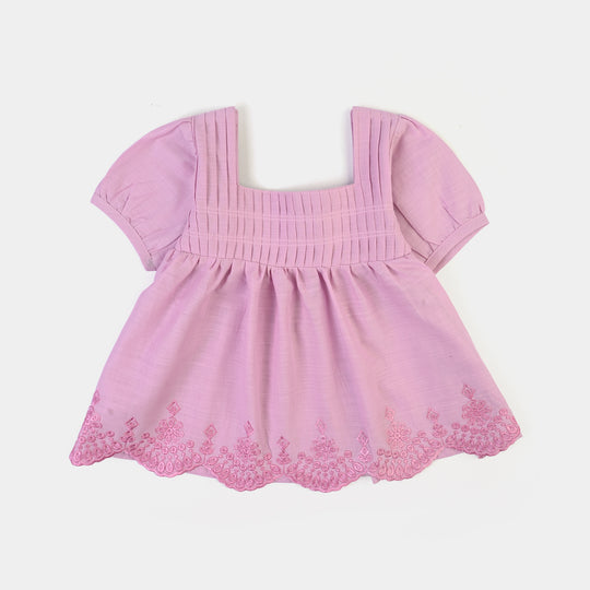 Infant Girls Cotton Slub Emb Top Smocking- Orchid