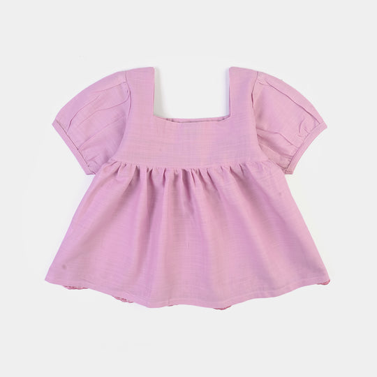 Infant Girls Cotton Slub Emb Top Smocking- Orchid