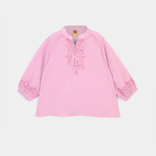Girls Cotton Slub Emb Top Peaches-Pink
