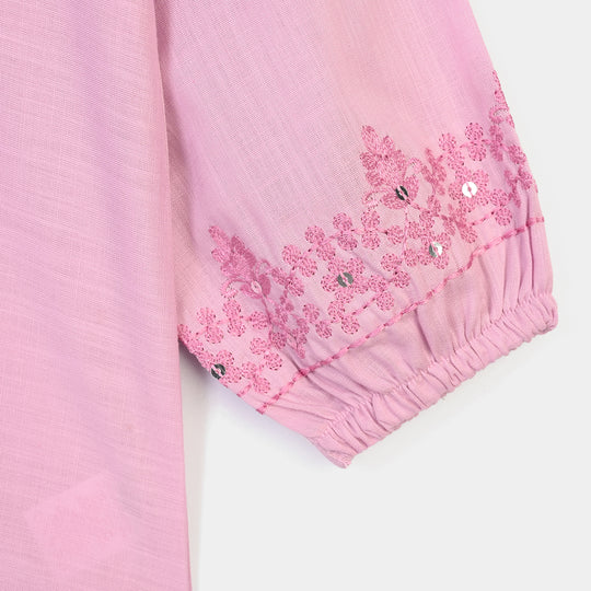 Girls Cotton Slub Emb Top Peaches-Pink