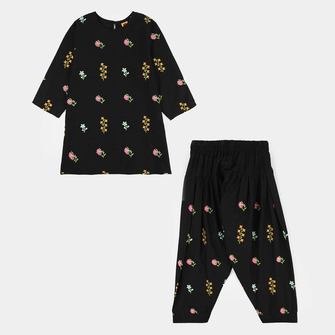 Girls Cotton Slub Emb 2Pcs Jahan Gul-BLACK