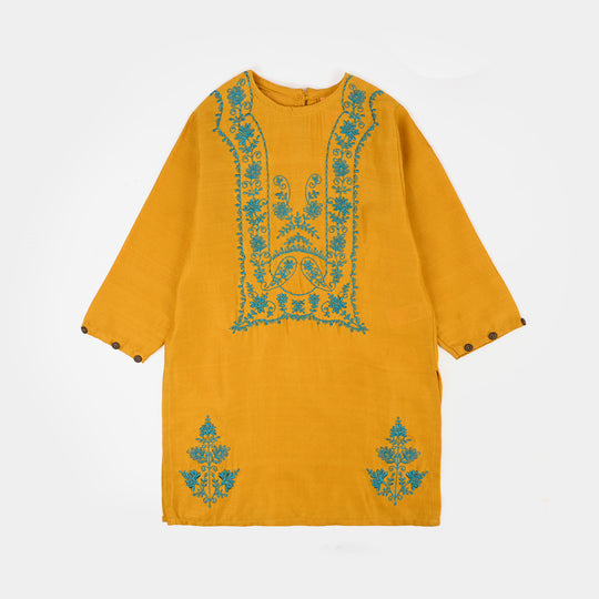Girls Cotton Jacquard Emb kurti Jal pari-Mustard