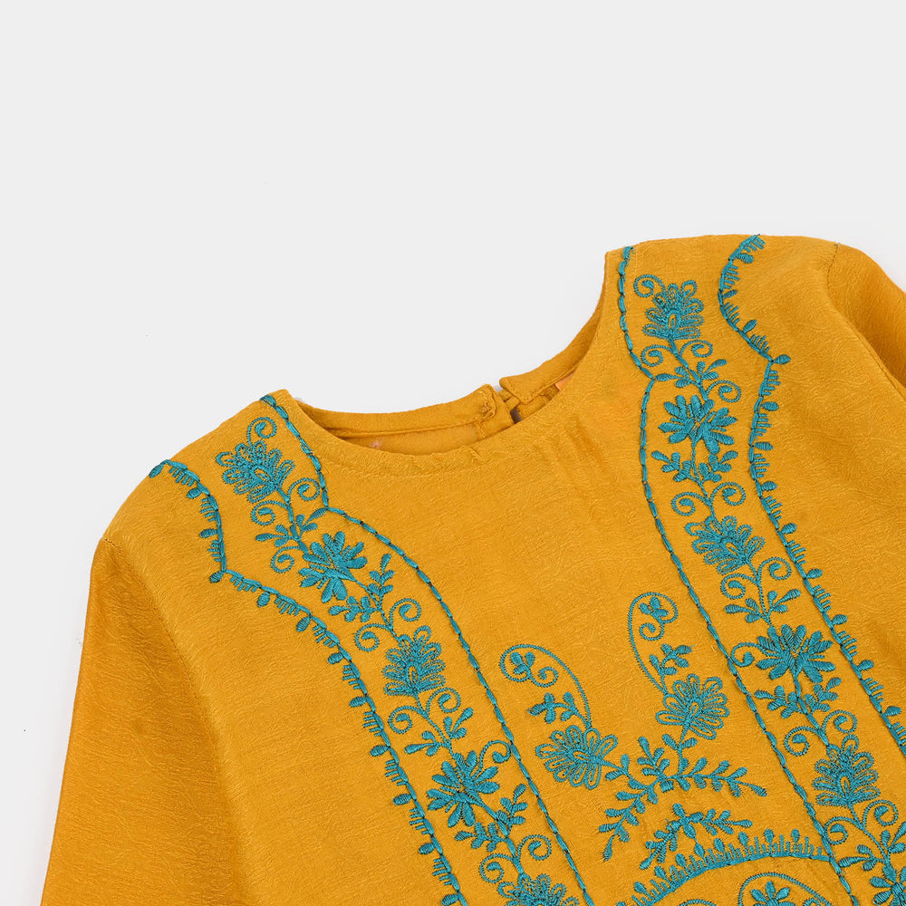 Girls Cotton Jacquard Emb kurti Jal pari-Mustard