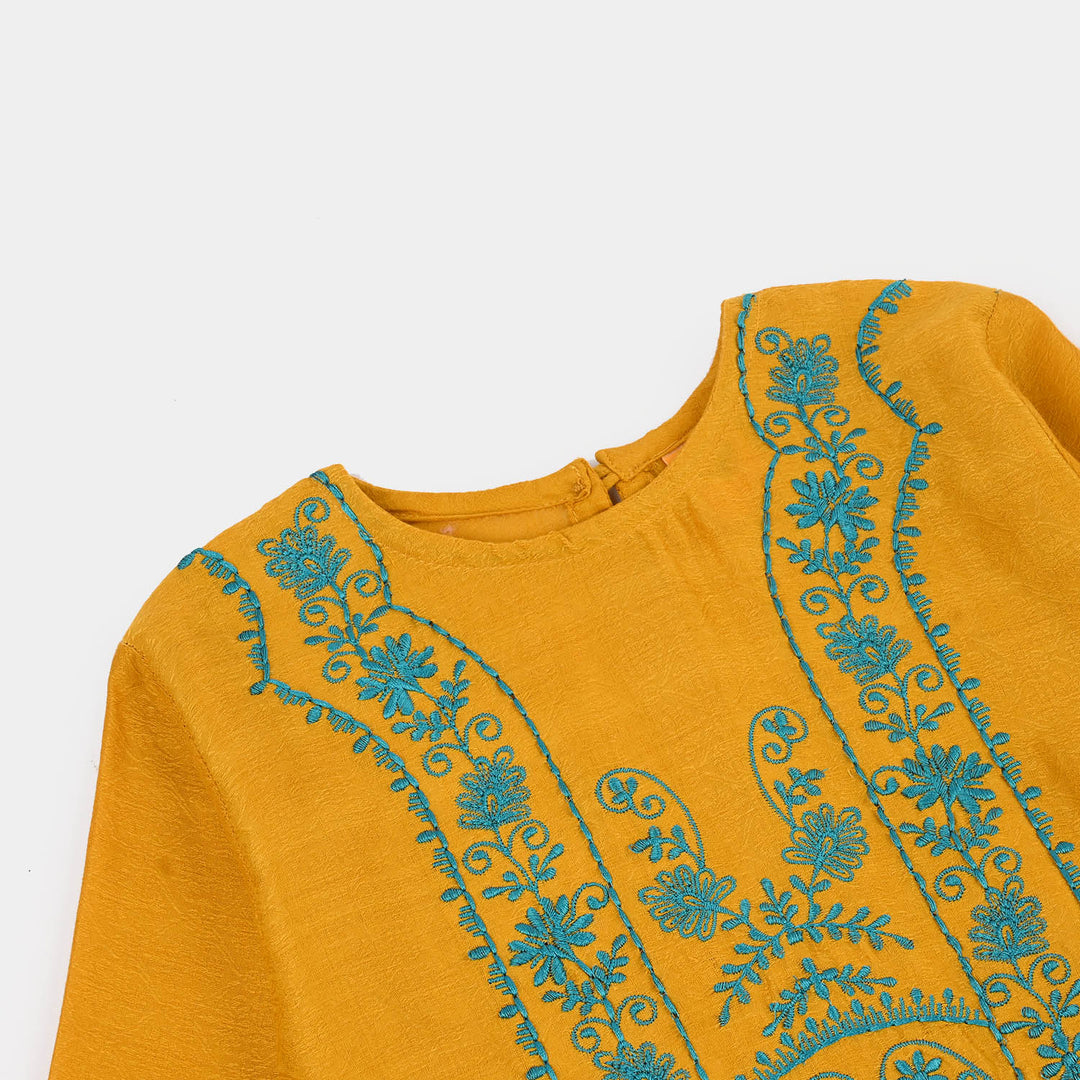 Girls Cotton Jacquard Emb kurti Jal pari-Mustard