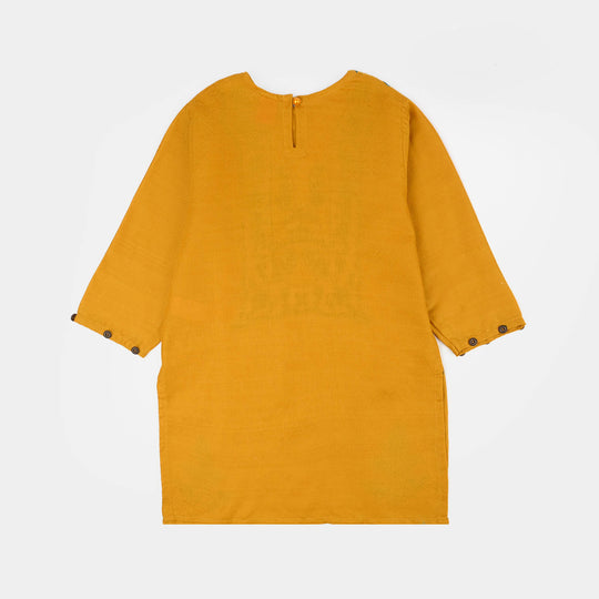 Girls Cotton Jacquard Emb kurti Jal pari-Mustard