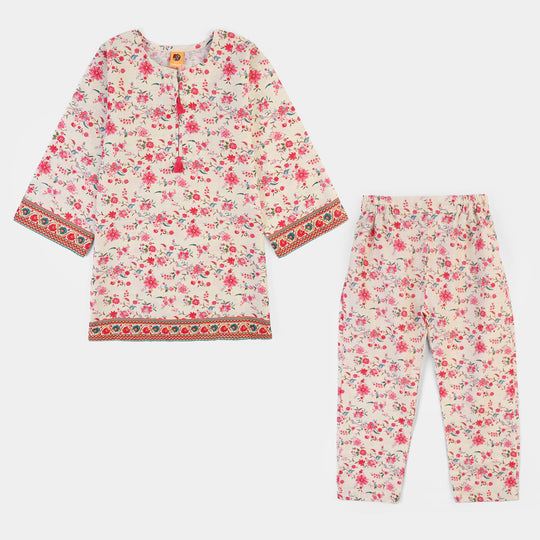 Girls Cotton Slub Printed 2Pcs Rose-Multi