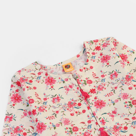Girls Cotton Slub Printed 2Pcs Rose-Multi
