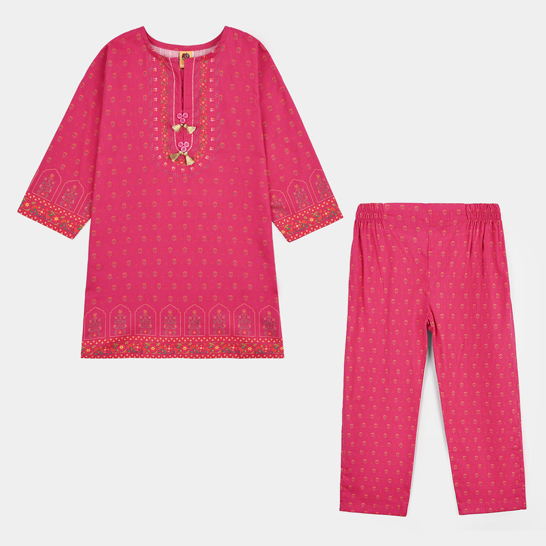 Girls Cotton Slub Printed 2pcs Lily-Shock.Pink