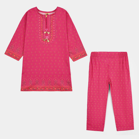 Girls Cotton Slub Printed 2pcs Lily-Shock.Pink